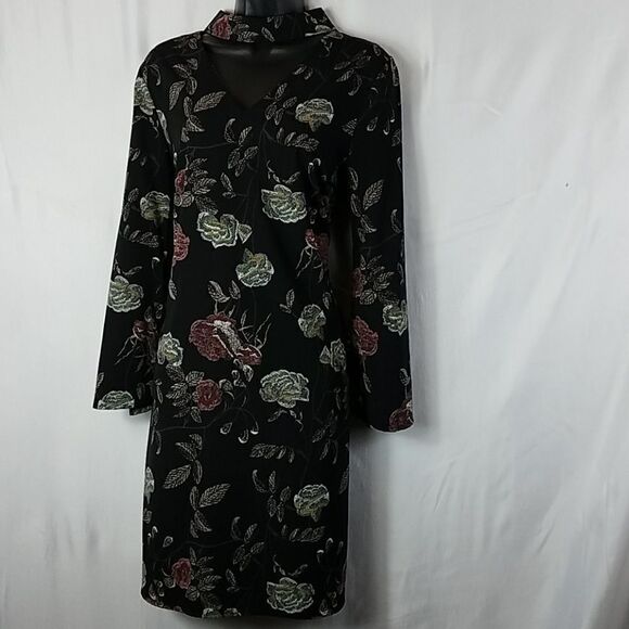 Gilli Choker Black Vintage Floral Cut Out Flare Sleeve Mini Dress Size Medium - Picture 2 of 6